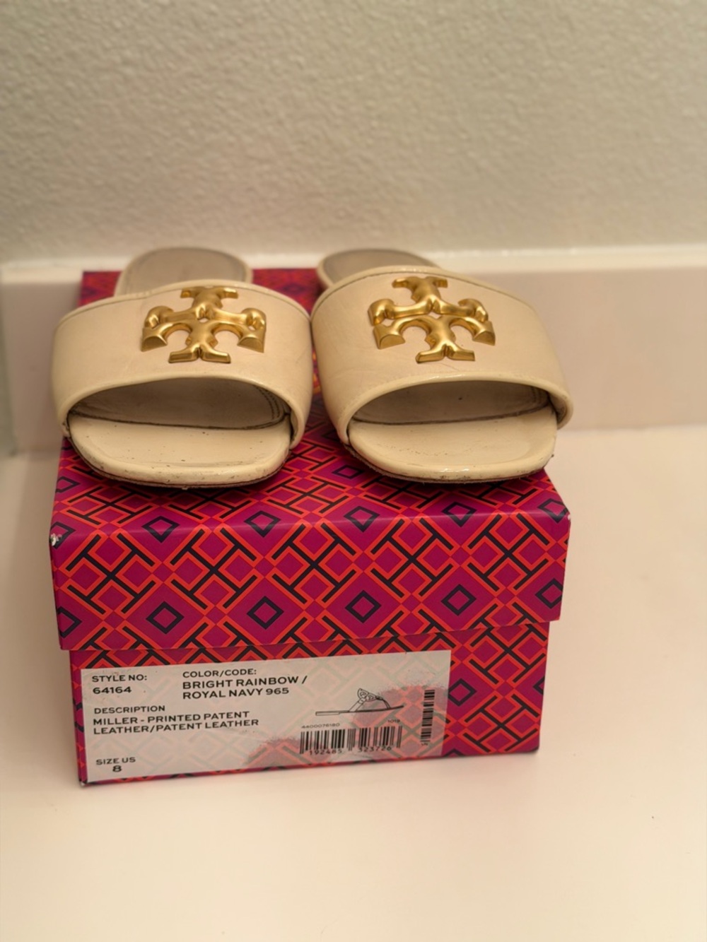 Tory Burch Cream Leather Slide Sandals with Gold Logo Hardware